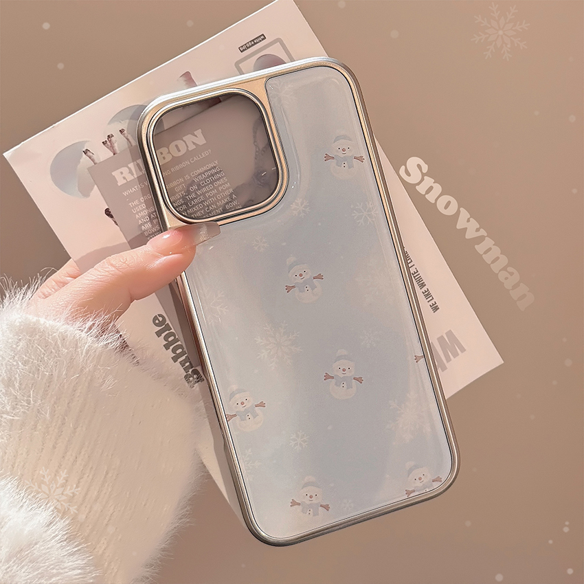 Cartoon Snowman Phone Case For Iphone 16 15 14 13 Pro 12 11 Max Plus 16Pro Plating Bezel 16Promax Phone Case 15Promax Cute 15Pro Cover Hard 14Pro