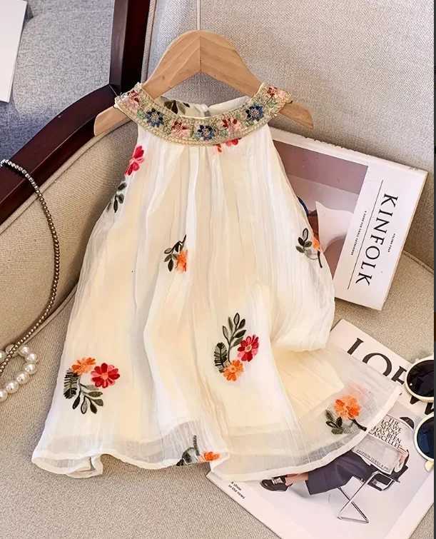 Summer New Arrival Bohemian-Style Halter Neck Embroidered Dress Floral Embroidered Mesh Layered Sleeveless Dress for Girls CuteT260313-image-1097421299