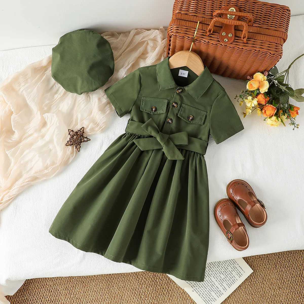 2Pcs Girls Fashionable Short Sleeve Summer Casual Dress Korean Version Childrens Lapel Waist Cinched Vest Baby Kids 2-7YHatT260313-image-1097421110