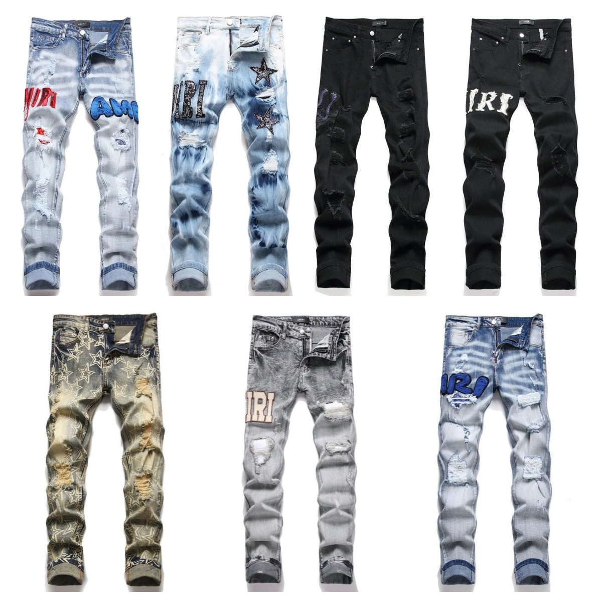 2026 NEW amirijenas Jeans Men's Designer Jeans Embroidery Hip Hop Joker Denim Pants Men Broken Hole Patch Elastic Slim Feet Pencil Trousers ami