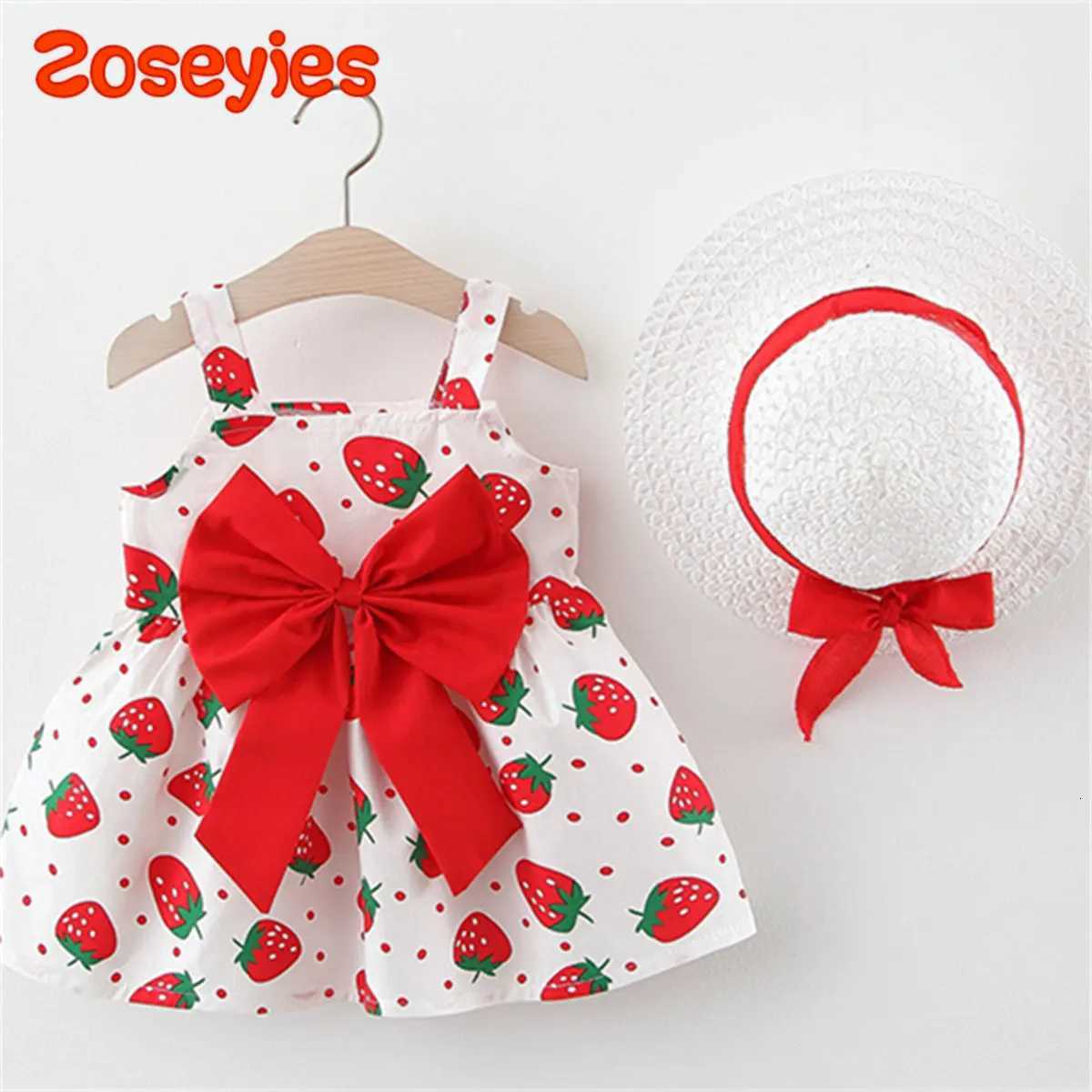 New Summer Baby Girls Dress Hat Big Bow Ribbon Halter Strawberry Polka Dot Full Print Sweet Princess Dress Birthday Party TeamT260313-image-1097425919