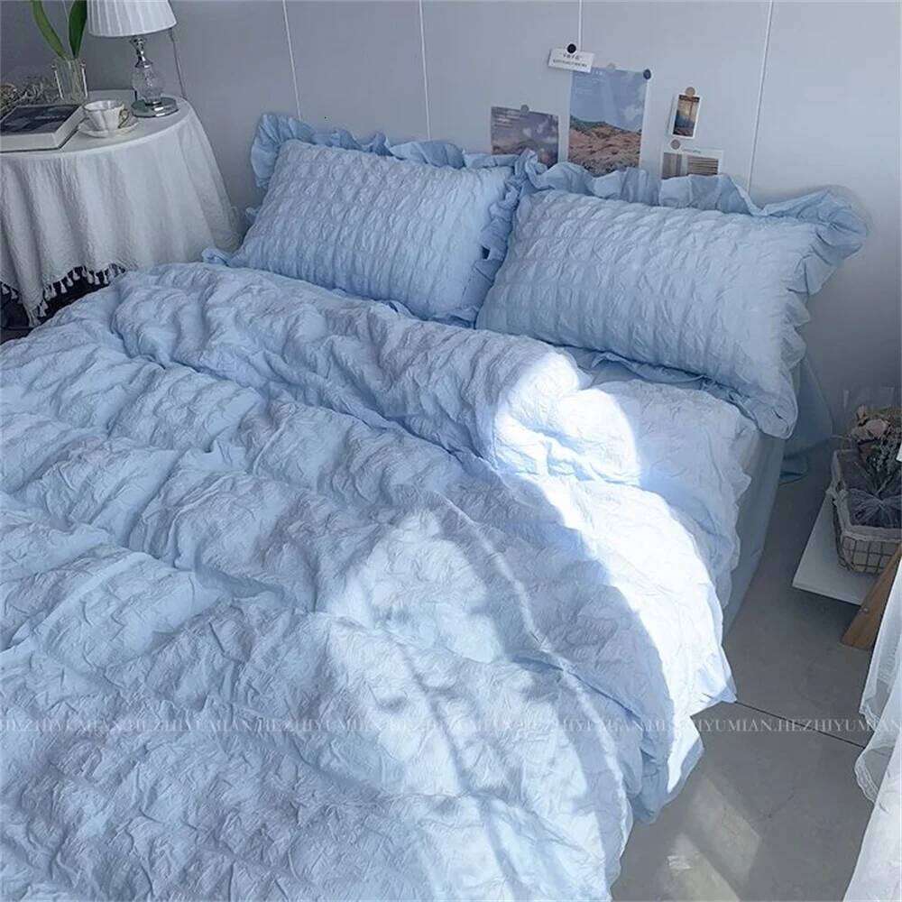 INS Girl Blue Bedding Sets Solid Color Seersucker Ruffles Lace Kawaii Soft Sheet Woman Duvet Pillow Covers Quilt Cover H260312-image-1097371964