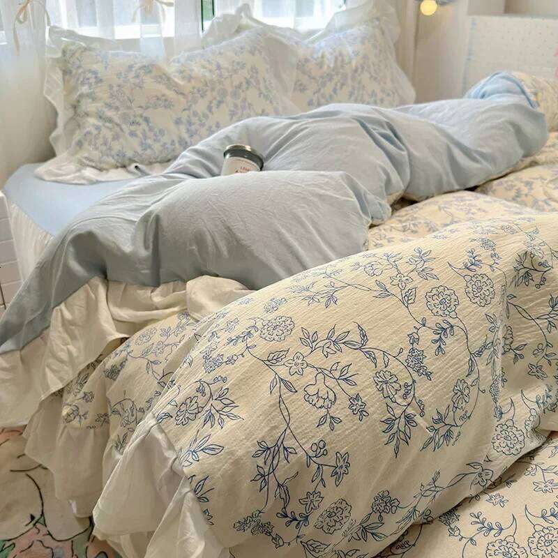 1.5/1.8 Korean Style 100% Cotton Fitted Sheet Sets with Lace Flower Print Bedding Set Seasons Home Bedclothes for Adult Kids H260312-image-1097372570