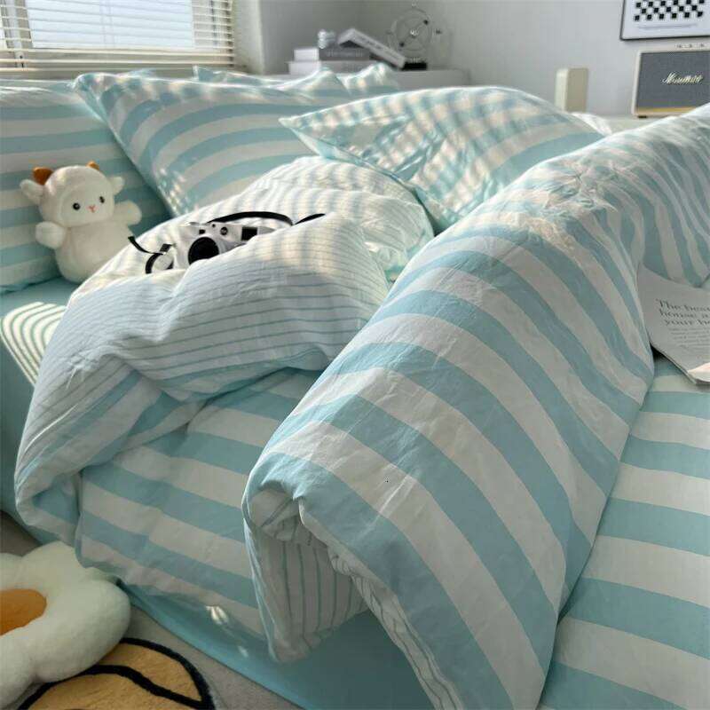 Washed Cotton Striped Style Duvet Bedding Set with Quilt Cover Pillowcase Bed Sheet 200x230 220x240 Skin Friendly Soft H260312-image-1097372911
