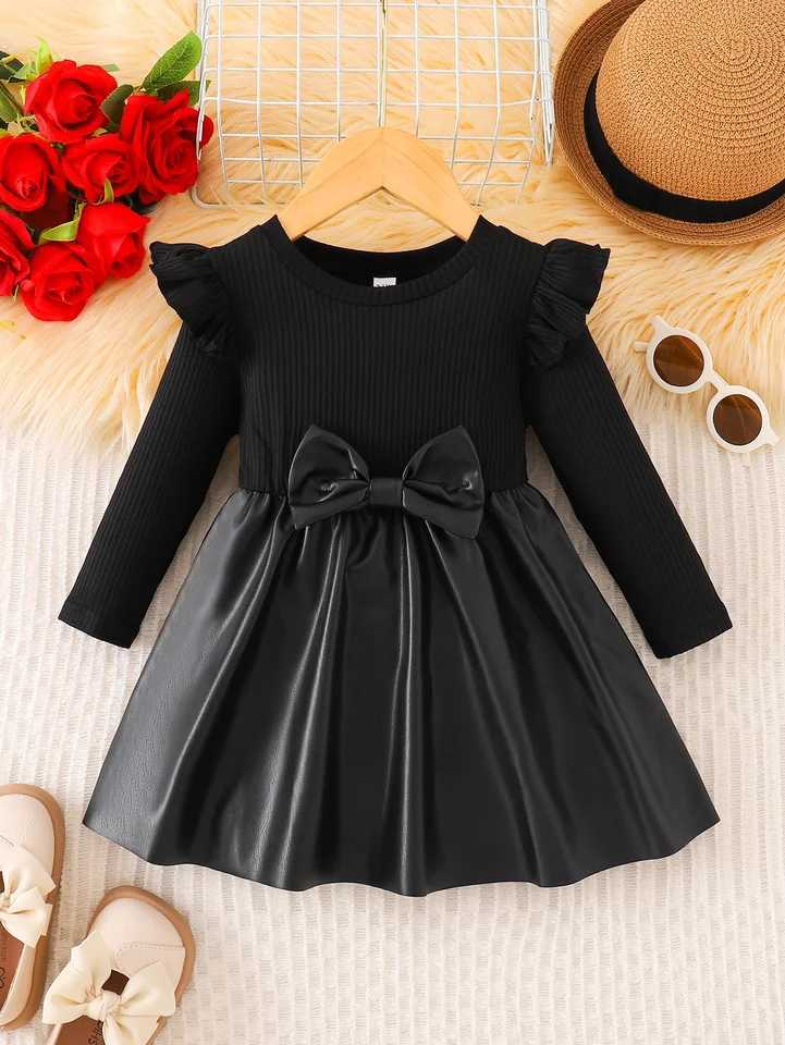Spring/Autumn Baby Girls Round-Neck Dress with Bow Decor and Leather Patchwork Long-Sleeved Casual DressT260313-image-1097420389