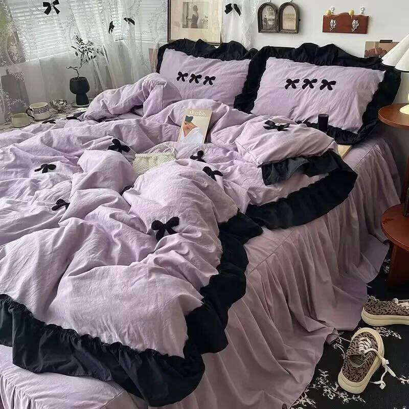 Y Home Ins Girl Bow Lace Ensemble de quatre pièces en coton lavé disponible pour quatre saisons Jupe de lit Literie 4 Dortoir Ensemble de trois p