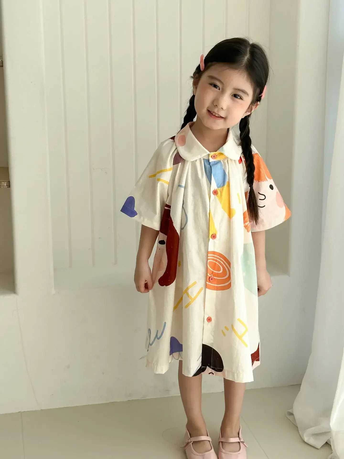 Robe d'été pour filles de 1 à 8 ans, adorable, en coton, imprimé Doodle, tendance et confortable, chemise parfaite pour sœur, costume T260313