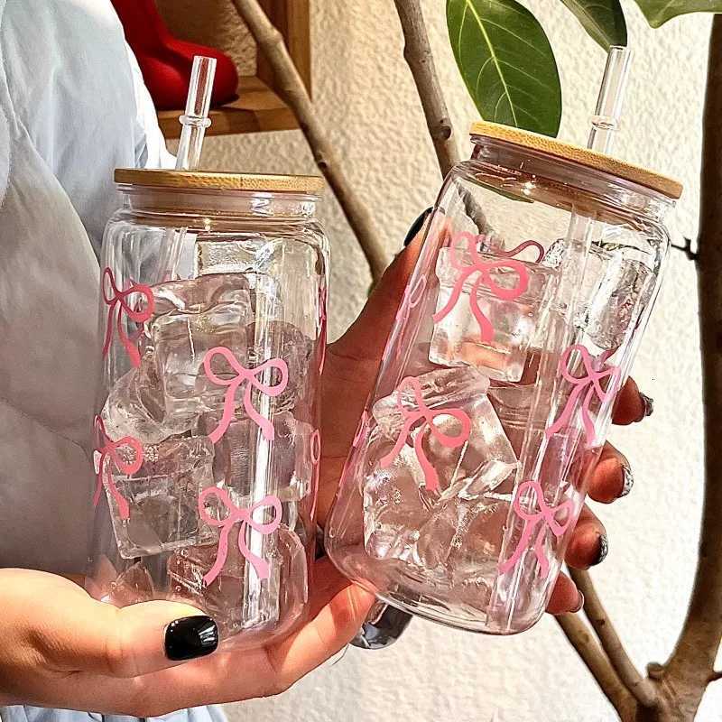 500ml Cute Bow Glass Cup Tumbler Mason Jar Shaped Water Bottle With Lids Straw Coffee Cups Party Gift for Iced Coffee Juice Cup C260313-image-1097498201