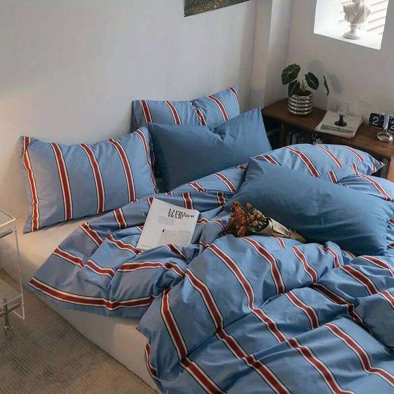 Bed Linen Sheets Duvet Cover Comforter Vintage Red Blue Washed Cotton Striped Four-piece Set A Laid-back Japanese Style H260312-image-1097373594