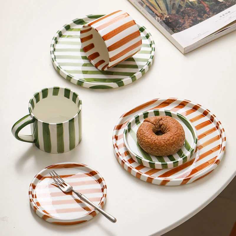 European Striped Ceramic Coffee Cup Saucer Modern Breakfast Dessert Plate Tea Cup Decorative Art Striped Coffee Cup 200 Ml Decor C260313-image-1097498417