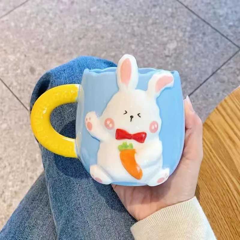 Relief Rabbit Ceramic Mug Drinking Cup with Spoon Creative Couple Cute Cartoon Coffee Cup Kitchen Breakfast Milk Cup Tableware C260313-image-1097497480