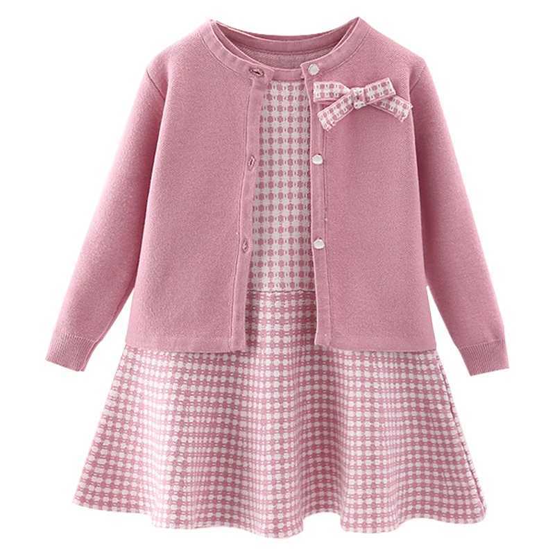 Autumn childrens baby sweater knitting long sleeve dress Christmas Day party girls plaid sweater coat Plaid vest suit dressT260313-image-1097419902