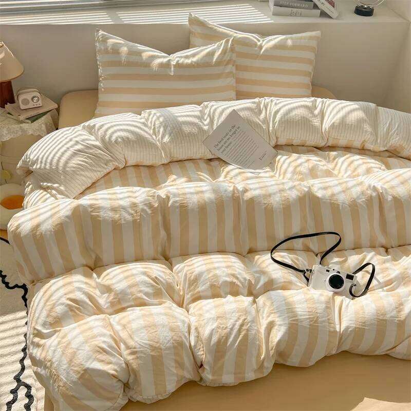 Washed Cotton Double Yarn Crepe Striped Quilt Set 3-4 Pillowcase with Sheet Bedding Cover Supplies 200x230 220x240 Skin Friendly H260312-image-1097374223