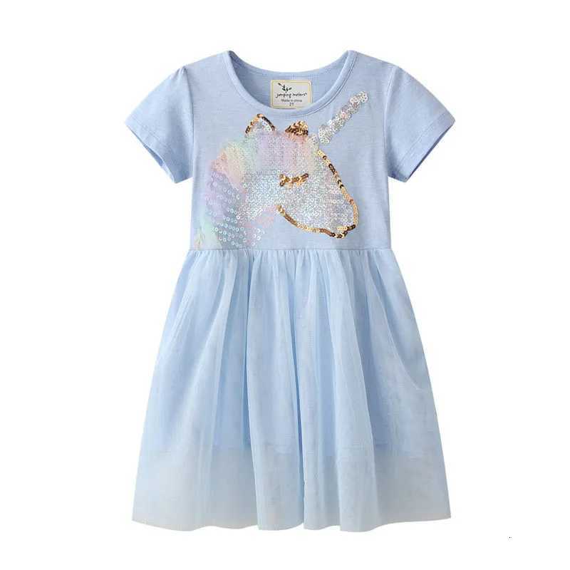 Jumping Meters Unicorn Beading Summer Princess Girls Party Dress 2-7T Short Sleeve Mesh Frocks Hot Selling Baby Birthday GiftT260313-image-1097417260