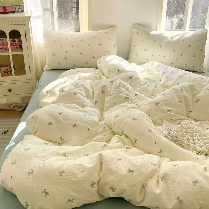 Ins Korean style bow knitted double-layer yarn soft four washed cotton Bedding set, dormitory bed single three piece H260312-image-1097373917