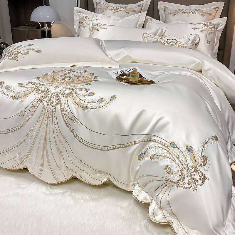 Ensemble de literie en coton satiné blanc et gris, broderie Pure de haute qualité, couleur or clair, ensemble de couverture de lit quatre pièces