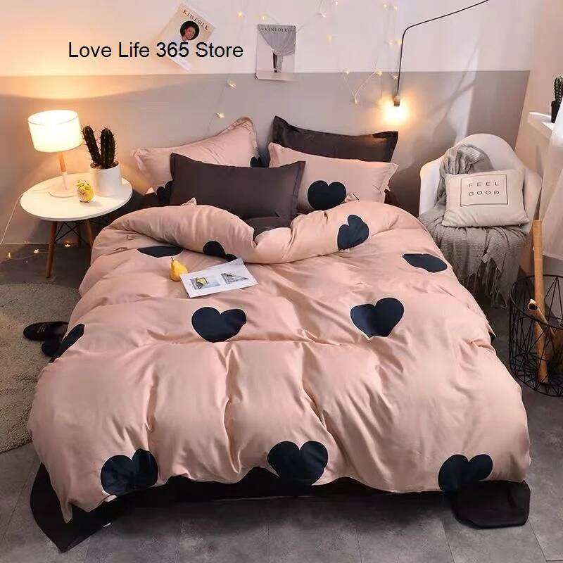 Black Hearts Love Pink Bedding Set Nordic Style Bed Linen With Pillowcases Home Textile Girls Duvet Cover King Queen Twin Cute H260312-image-1097372752
