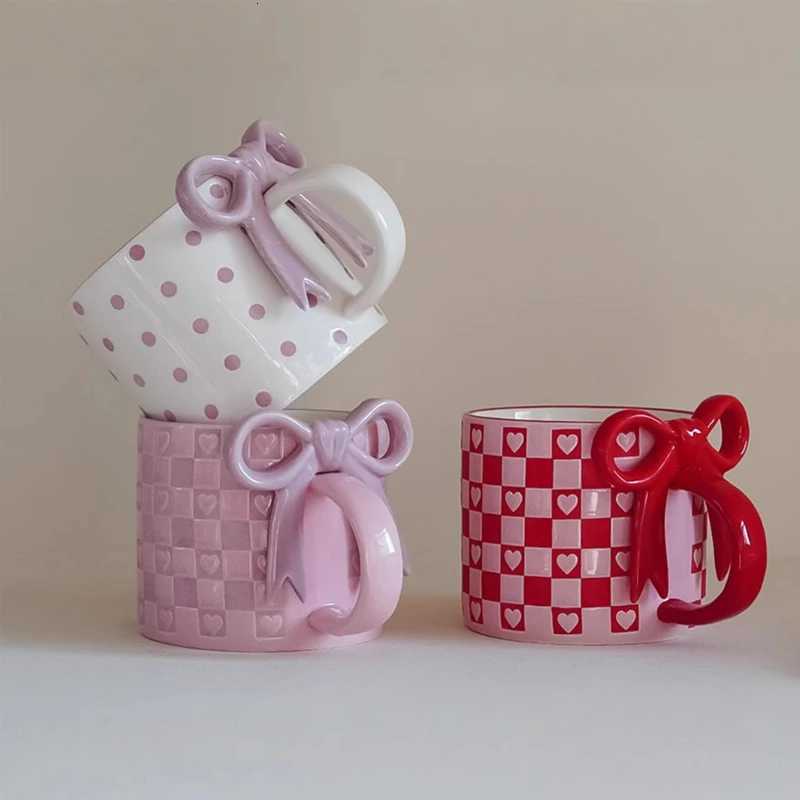 Creative love pattern couple cup cute bow shaped handle mug INS red mosaic pattern coffee cup household ceramic water cup C260313-image-1097498663