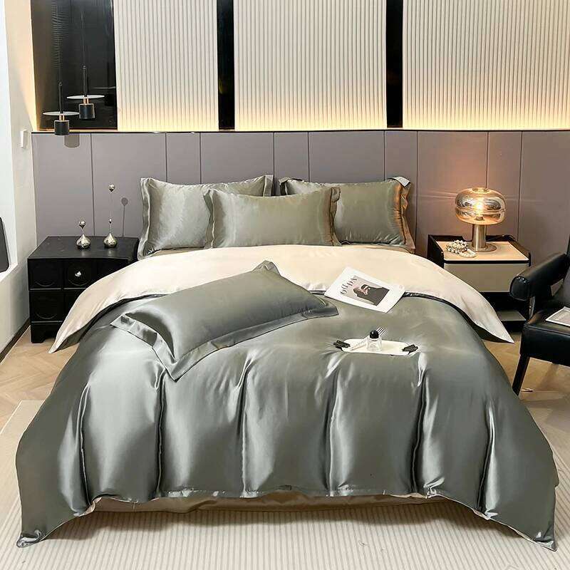 WOSTAR satin rayon bedding four-piece set summer solid duvet cover bed sheet and pillowcase twin full queen king size H260312-image-1097373464