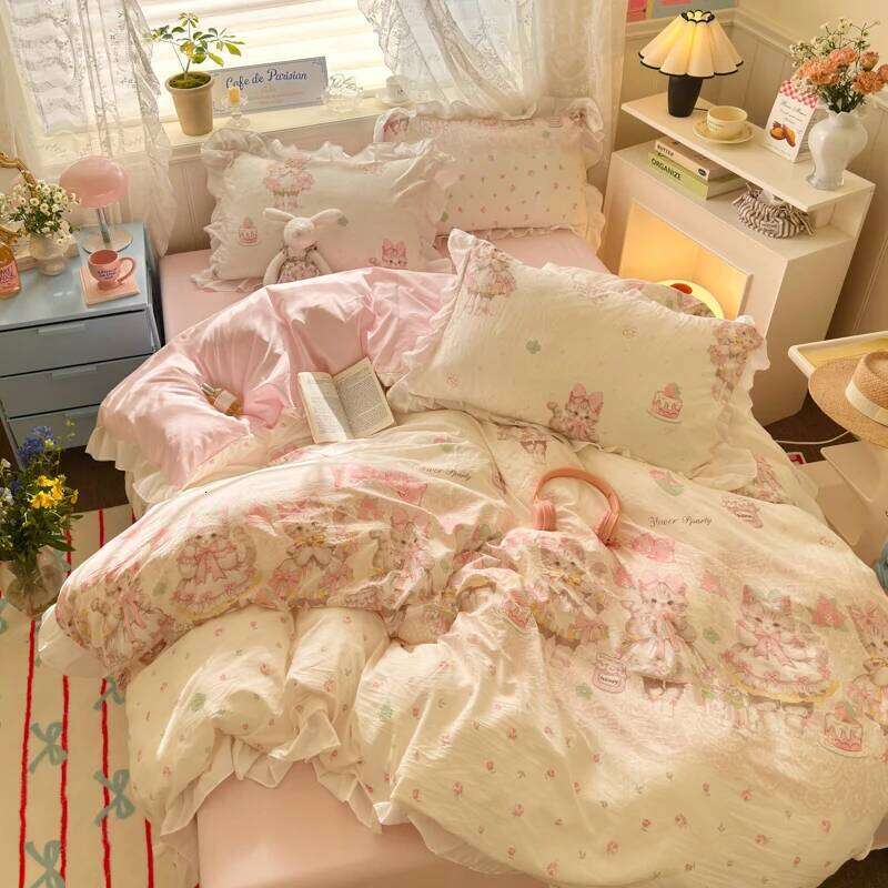4Pcs Floral Cute Single Double Queen Bedding Girls Princess Style Ruffle Duvet Cover Set Flat Bed Sheet Pillowcases H260312-image-1097371151