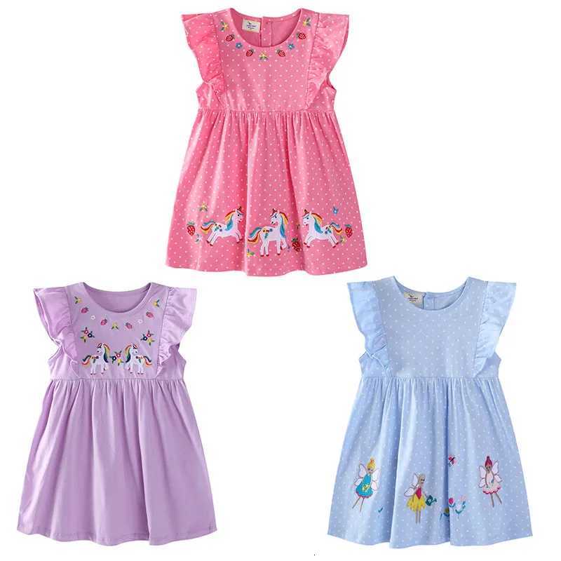 Jumping Meters 2-7T Nouvelle Arrivée Coton Princesse Mode Broderie Boutons Filles Robes D'été Mode Mignon Enfants VêtementsT260313