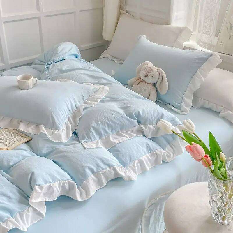 Korean Princess Style Duvet Cover Set No Filling Pink Blue Soft Washed Cotton Girls Favorite Ruffles Bed Linen Pillowcases H260312-image-1097373877