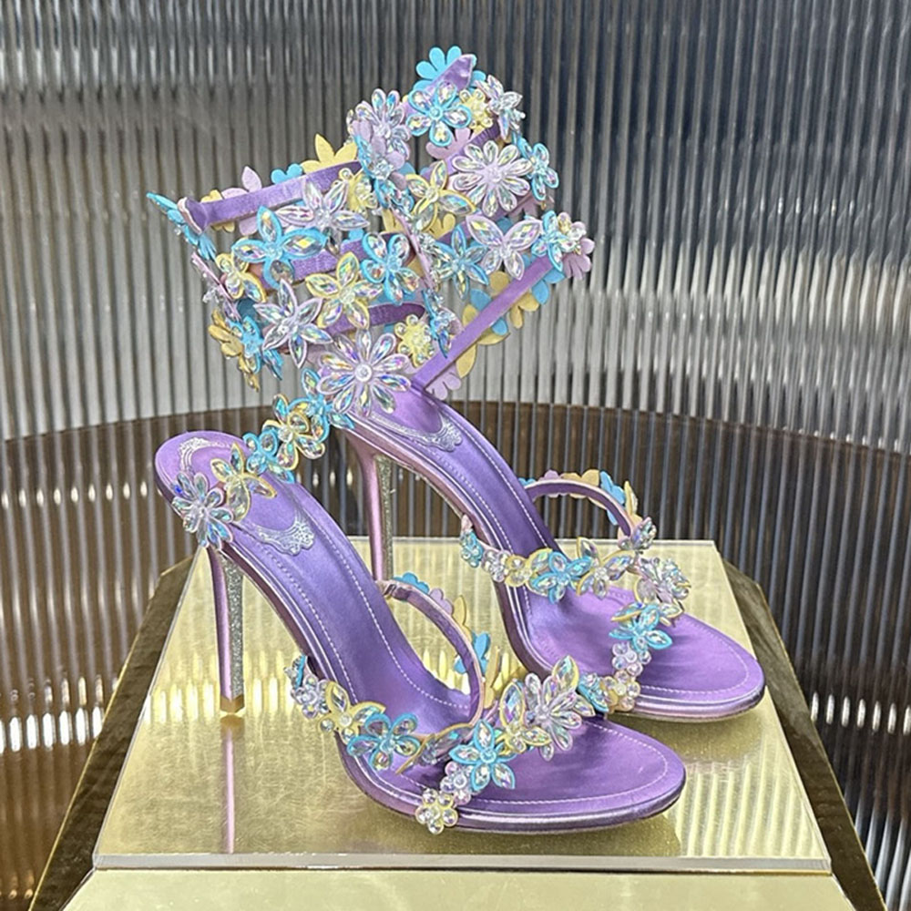 Flower Crystal Ankle Wraparound Sandals strap crystal for party Stiletto Heel shoes ladies high-heeled sandals Chunky Heel Elegant wedding shoes-image-838012284