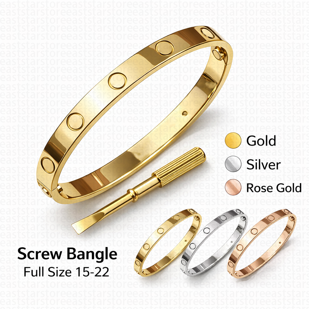 Classic Oval Screw Bangle 6mm High Polished Metal Bracelet for Women Designer Style Gold Silver Rose Gold Wristband Size 15 to 22 Available