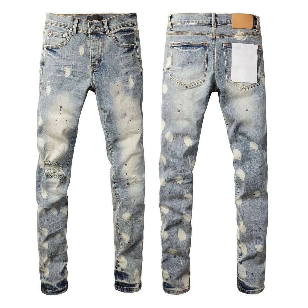 New Men Fashion High Street Retro wash Light Blue Distressed Tie Dye Stretch Skinny Button Fly Hole Ripped Jeans Pants 26H0314