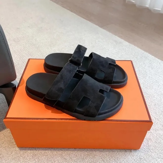 Designer Slide Slippers Beach Flat Chunky Chypre Sandals Genuine Leather Summer Lady Luxury Flip Flops Top Quality Men Women Comfort Flats Adjustabl