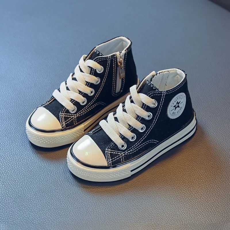Childrens Solid Color Canvas Shoes Sewing Thread Zipper Kids Fashion Round Toe Outdoor Soft Sole Simple Retro Style ShoesT260314