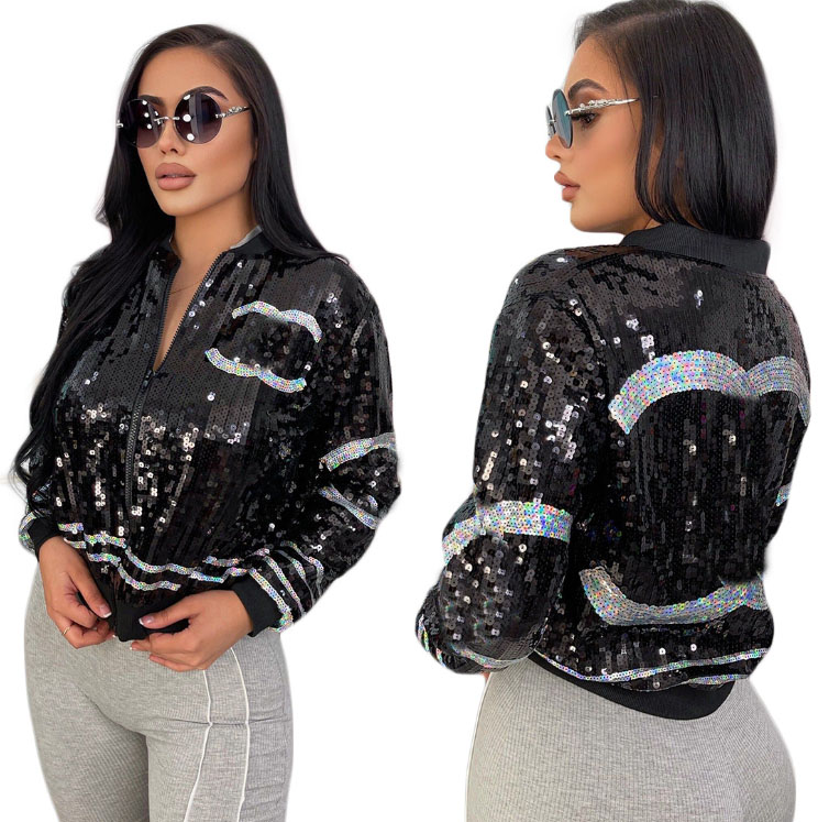 Fashion Black Sequin Jackets Women Long Sleeve Glitter Causal Silver Lady Coats Street Wear black Outwear Jacket