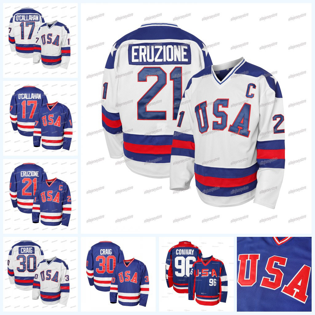 In Stock Men's 1980 USA Ice Hockey Jerseys 96 CONWAY 21 Eruzione 30 Craig 17 Ocallahan Stitched Fast Shipping Retro Classic Sportswear Embroide