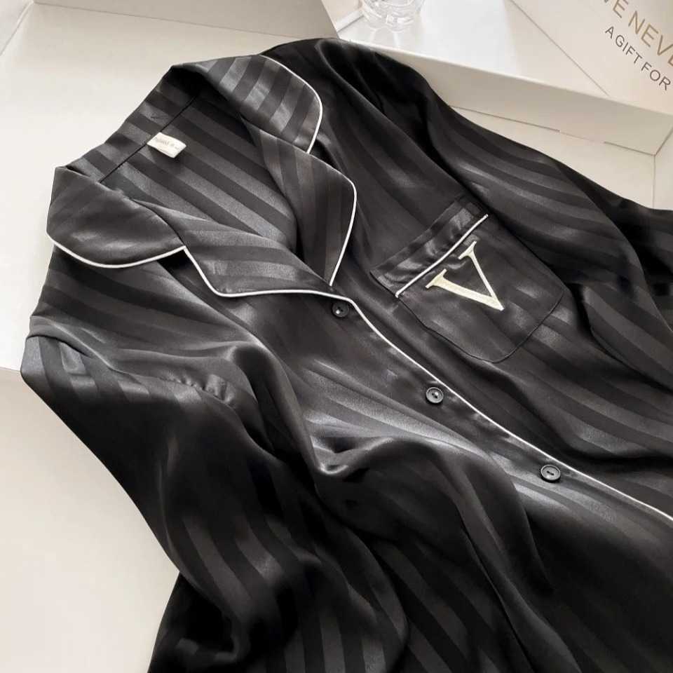 Daisian Clothing - Liu Yifei's Similar Striped Silk Sleepwear for Women - Spring-Autumn High-Style Embroidery Winter Long-Sleeved Open Style-image-1072705617