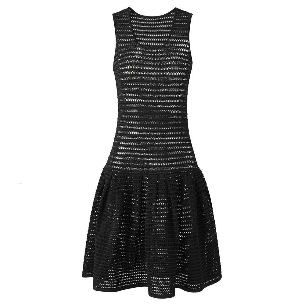 Elegant black sexy hollow out A13 sleeveless mid length knitted umbrella skirt 2026 new A13 niche dress-image-1097656269