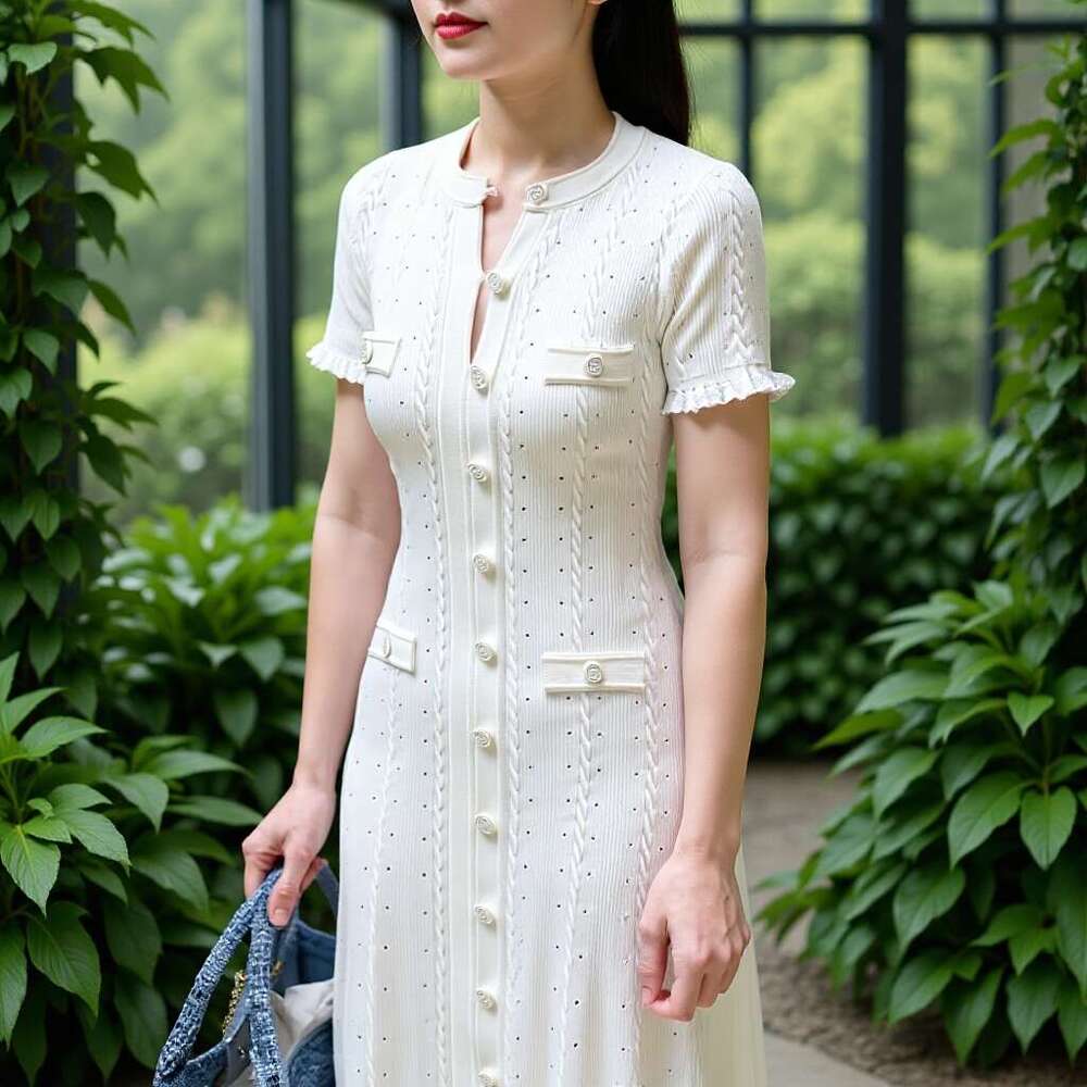 a27 2026 Gentle and Fragrant Style Spring and Autumn Light Luxury Knitted Coat with Lotus Leaf Edge First r27 Love Hollow Long Skirt-image-1097669830