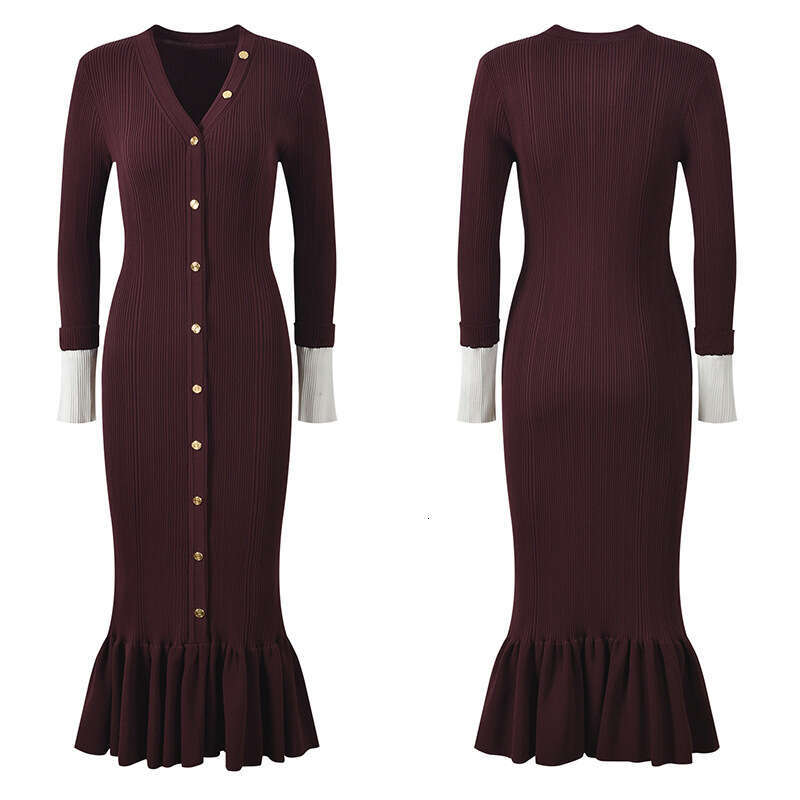2026 designer European and American women's V-neck single breasted fish tail slim fit long sleeved knitted dress-image-1097650694