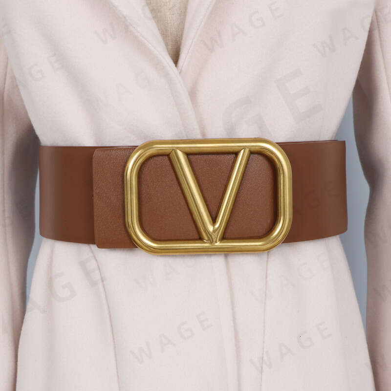 Wide women's leather with large V-shaped metal buckle, suitable for decorating skirts and coats, slimming waist belt, trendy ins-style belt