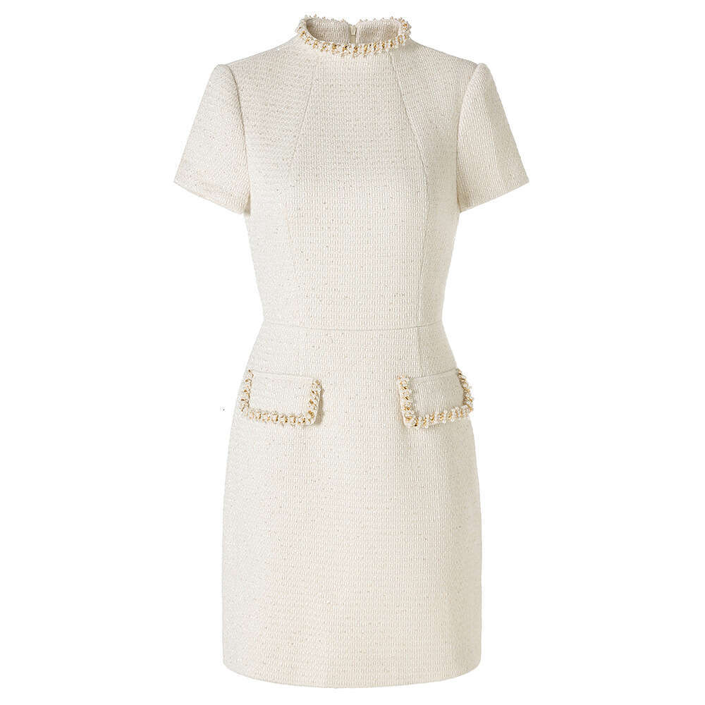 2026 f23 spring and autumn f23 new designer beige bead short f23 sleeved elegant best-selling woolen dress-image-1097668799