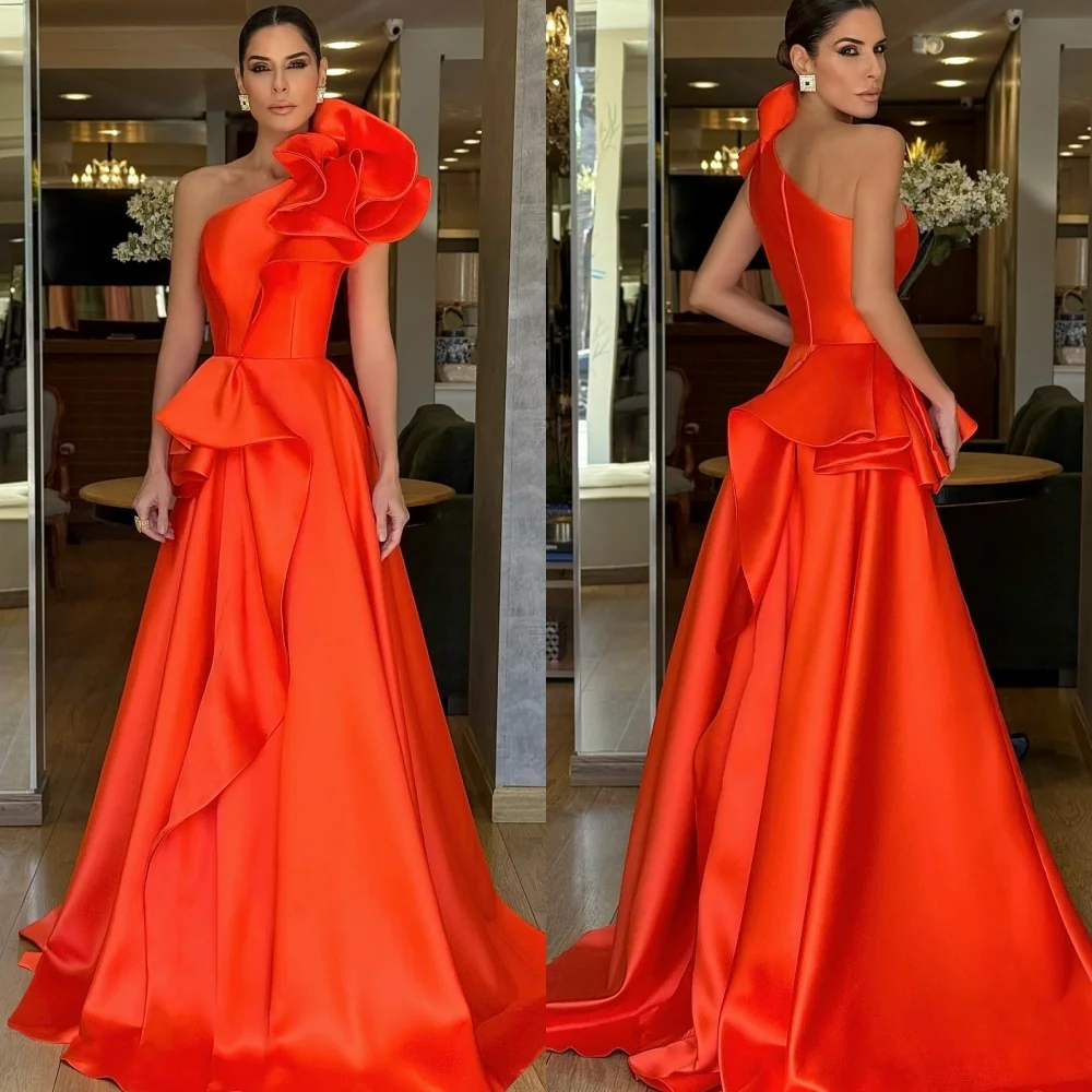 Exquisite One Shoulder Orange Evening Pageant Dress 2024 Sleeveless Flowers Satin A-line Women Prom Formal Gowns Vestidos De Feast Robe De Soiree