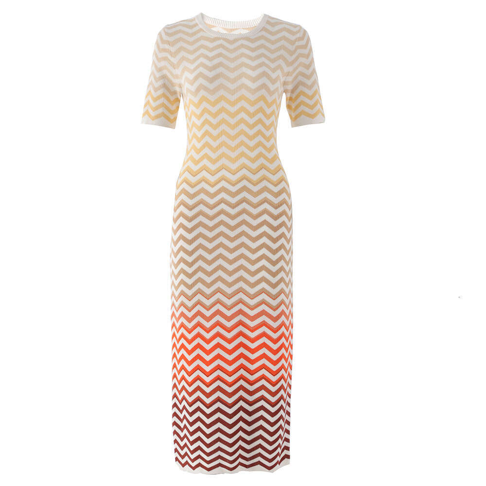 2026 Summer New Designer Rainbow Gradient Knitted Slim Fit Elastic Tight INS Dress-image-1097650003