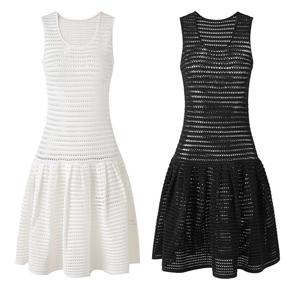 Elegant black sexy hollow out sleeveless mid length knitted umbrella skirt A16 2026 new niche dress-image-1097663945