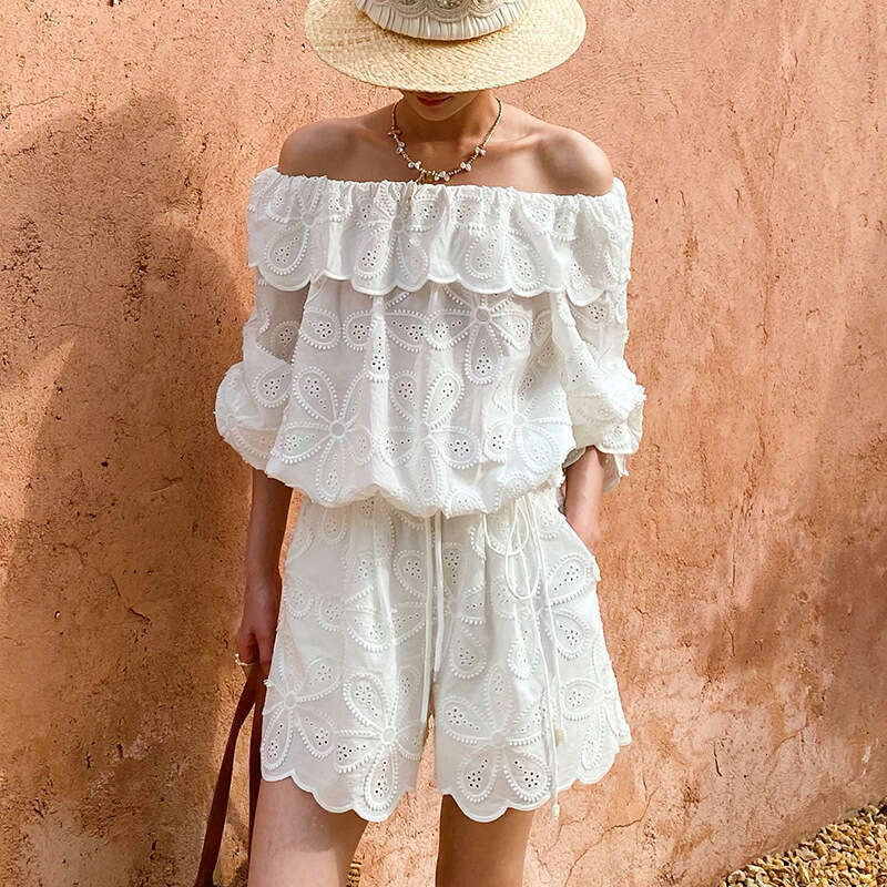 a27 r27 2026 Spring and Summer a27 New Vacation Women's Off Shoulder Top Long Sleeve Embroidered Hollow Short Pants-image-1097670114