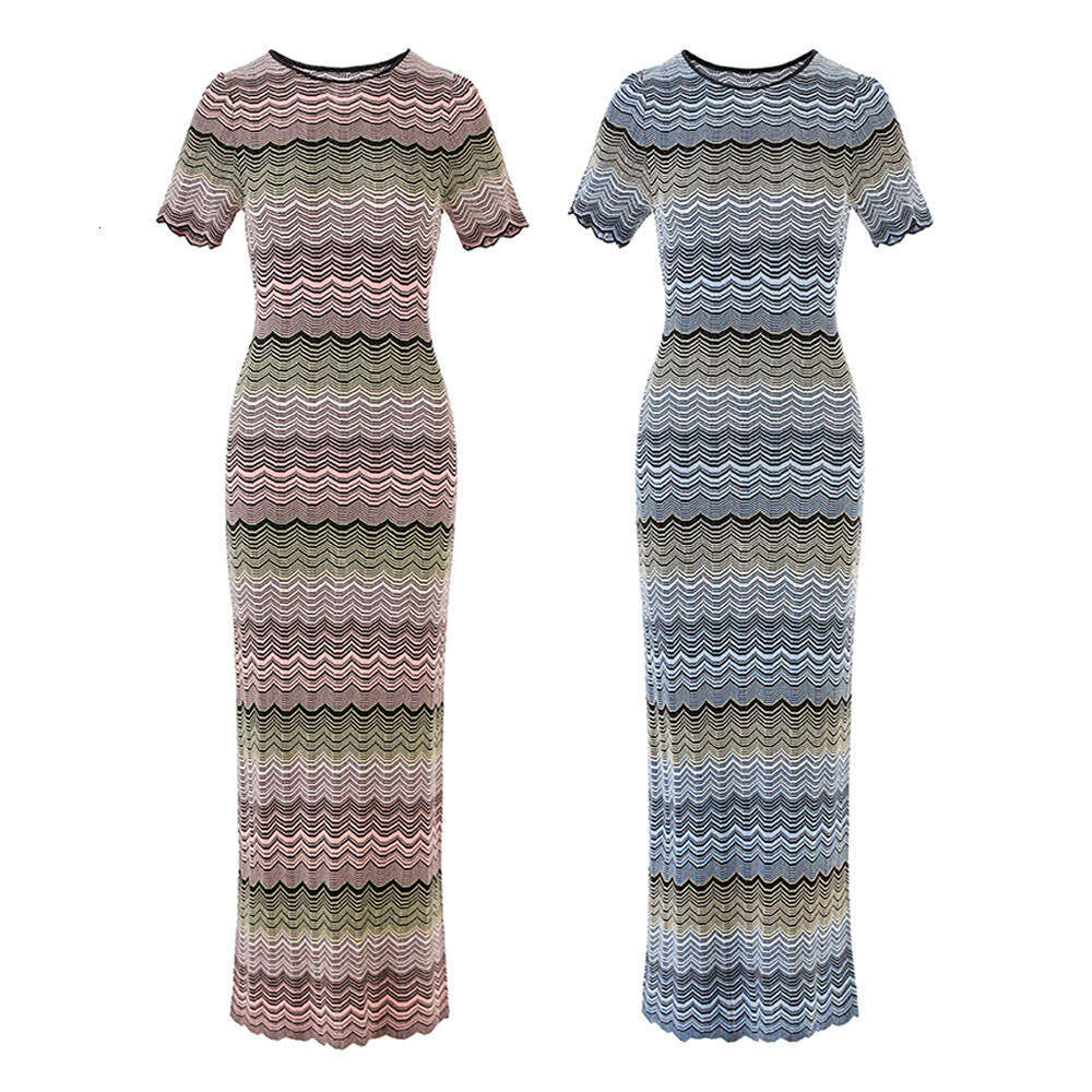 2026 Summer New Gradient Color Splicing j29 High Elasticity Short Sleeve Knitted Medium Length Slimming Dress-image-1097670844