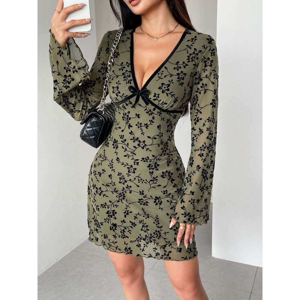 2026 Spring New European and A9 American Bell Sleeve Double A9 layer a9 Mesh Plush Deep V-neck Women's Dress-image-1097654651