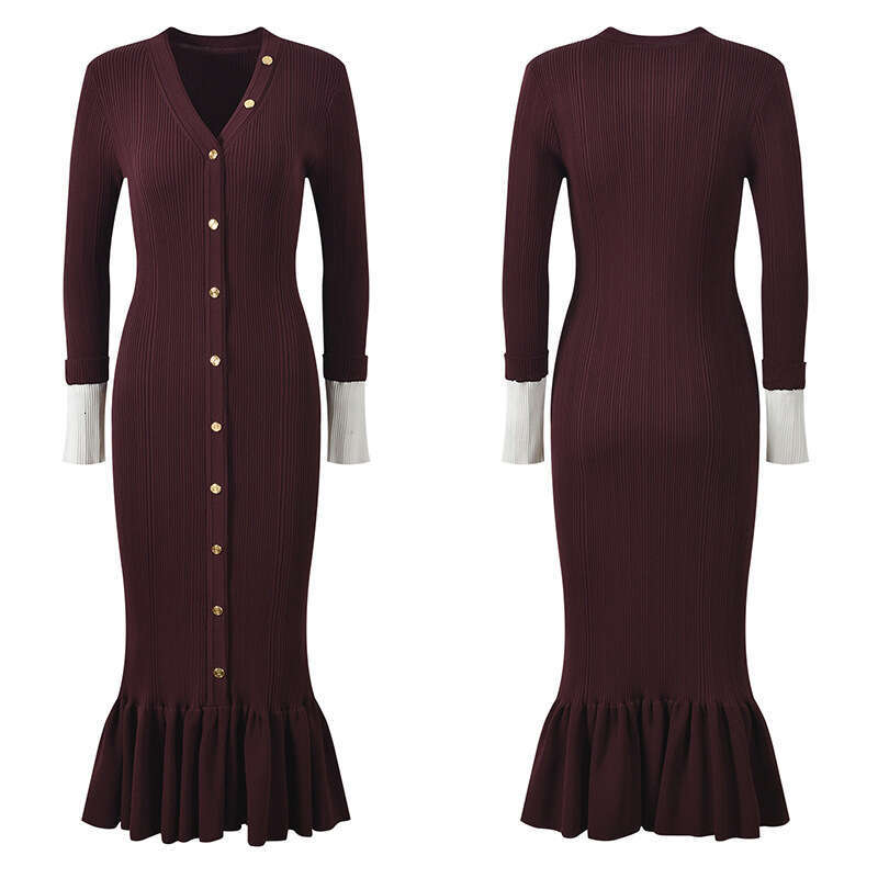 2026 designer European a20 and g20 American women's V-neck single breasted fish tail slim fit long sleeved knitted dress-image-1097665892