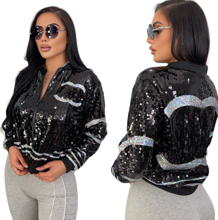 Fashion Black Sequin Jackets Women Long Sleeve Glitter Causal Silver Lady Coats Street Wear black Outwear Jacket