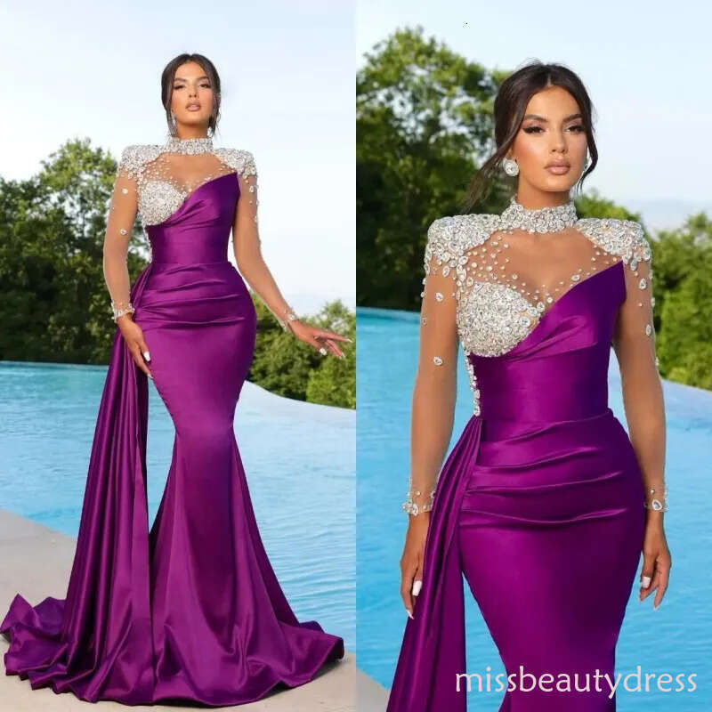 Elegant Black Peach Purple Mermaid Evening Dresses High Neck Sheer Appliques Beads Illusion Long Sleeve Pleats Ruffles Formal Ocn Prom Gowns BC16781