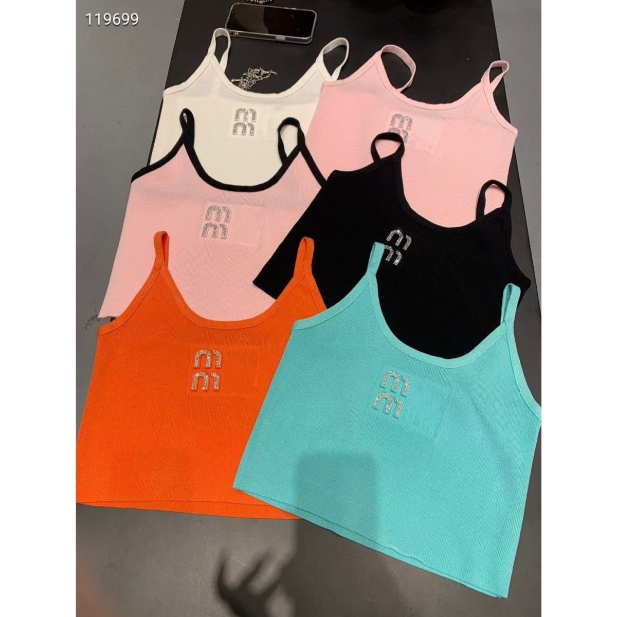 Tank Top Women Ribbed Knit Spaghetti Strap U Neck Cropped Crystal Letter Sexy Chic Streetwear Premium Modern