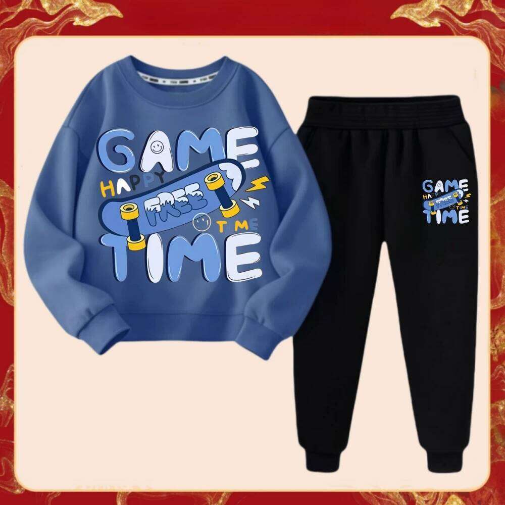Spring Children Boy Clothes Set Kid 'GAME TIME' Printed Sweatshirts Pullover Top And Pants 2 Pieces Suit Baby Girls Tracksuits S260314 L26